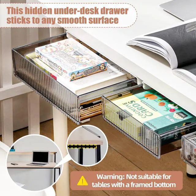 Alt view image 3 of 7 - 2Pcs Under Desk Storage Drawers Slide Out,Large&Medium, Stick On Desk Drawer Organizer Hidden Under Table Drawer for Home Office School Organization and Storage-Transparent Black