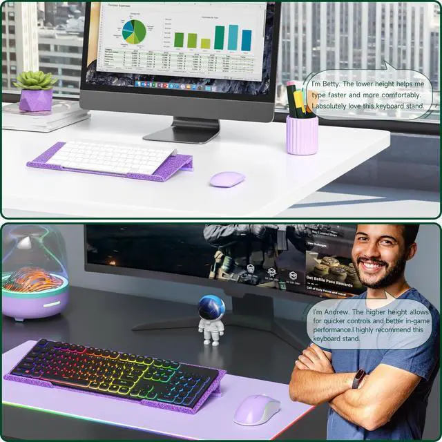 Alt view image 7 of 7 - Computer Keyboard Stand for Desktop - 6-Level Height Adjustable Acrylic Keyboard Riser Non-Slip Ergonomic Key Board Tray Holder for Home School Office Desk Accessories, Sparkling Purple