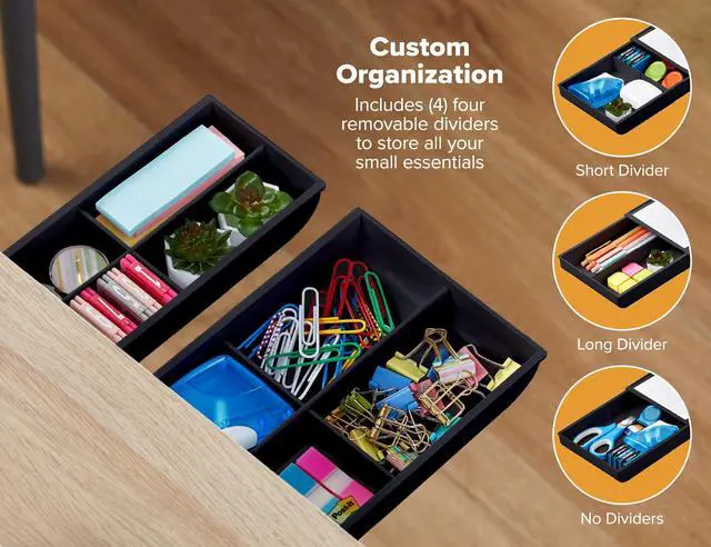 Alt view image 2 of 7 - Konnect Under Desk Drawer, Self-Adhesive Slide Out Storage Organizer with 4 Customizable Dividers, 2-Pack