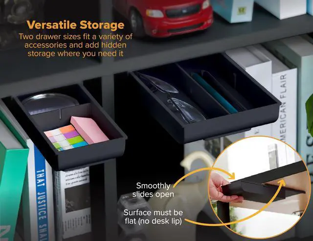 Alt view image 4 of 7 - Konnect Under Desk Drawer, Self-Adhesive Slide Out Storage Organizer with 4 Customizable Dividers, 2-Pack