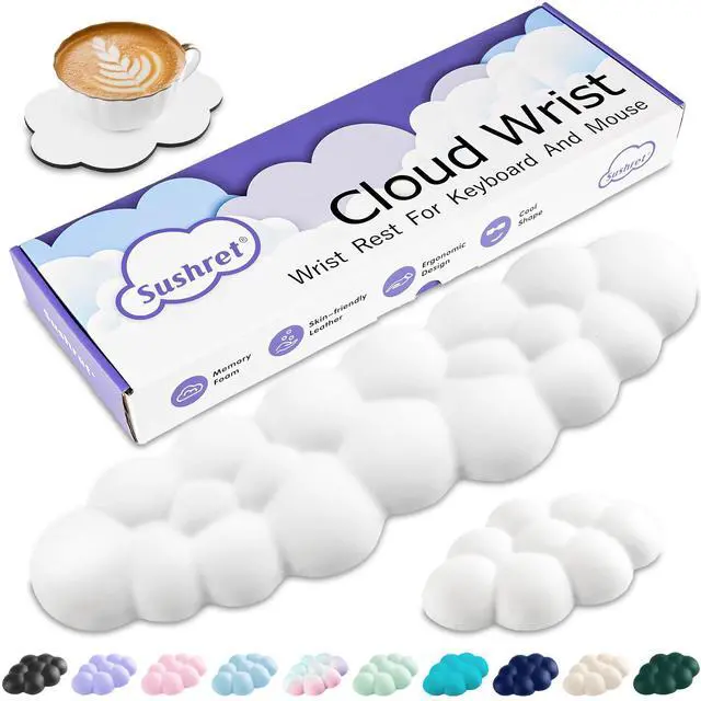 Main image of Cloud Wrist Rest Keyboard, Cloud Keyboard Wrist Pad Set with PU Leather Memory Foam, Cute Arm Rest for Palm Support, PC/Gaming Desk Accessories/Office Setup/Computer Hand Cushion - White
