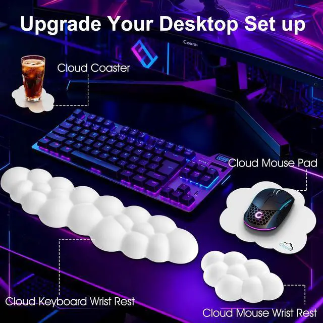 Alt view image 2 of 7 - Cloud Wrist Rest for Computer Keyboard, 4-in-1 Memory Foam Leather Cloud Keyboard Wrist Rest and Mouse Pad Set with Ergonomic Support for Arm and Palm Cushion, Gaming/Work Setup, White