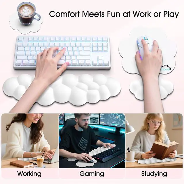 Alt view image 6 of 7 - Cloud Wrist Rest for Computer Keyboard, 4-in-1 Memory Foam Leather Cloud Keyboard Wrist Rest and Mouse Pad Set with Ergonomic Support for Arm and Palm Cushion, Gaming/Work Setup, White