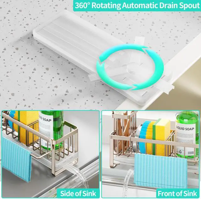 Alt view image 2 of 7 - Sponge Holder for Kitchen Sink - Self-draining Sink Caddy with Brush Holder and Dishcloth Holder, Stainless Steel Kitchen Organizer for Countertop - Brushed Nickel