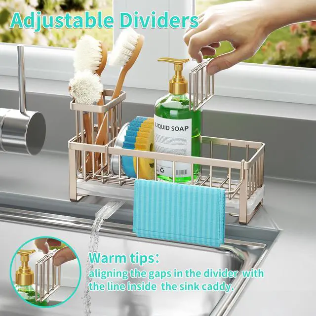 Alt view image 4 of 7 - Sponge Holder for Kitchen Sink - Self-draining Sink Caddy with Brush Holder and Dishcloth Holder, Stainless Steel Kitchen Organizer for Countertop - Brushed Nickel