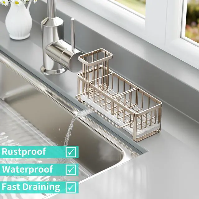 Alt view image 5 of 7 - Sponge Holder for Kitchen Sink - Self-draining Sink Caddy with Brush Holder and Dishcloth Holder, Stainless Steel Kitchen Organizer for Countertop - Brushed Nickel