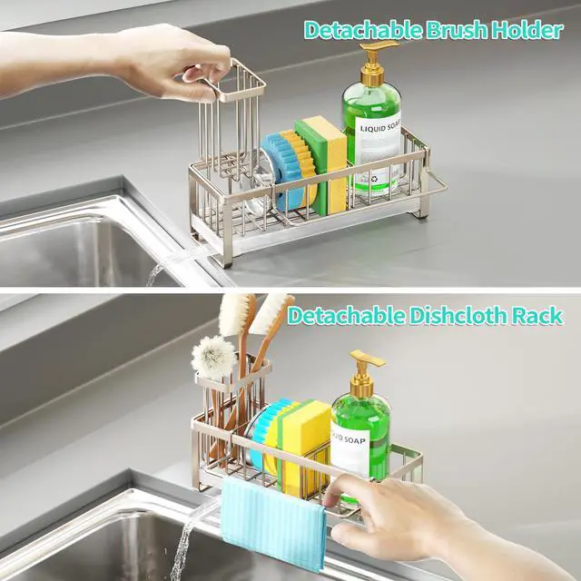 Alt view image 3 of 7 - Sponge Holder for Kitchen Sink - Self-draining Sink Caddy with Brush Holder and Dishcloth Holder, Stainless Steel Kitchen Organizer for Countertop - Brushed Nickel