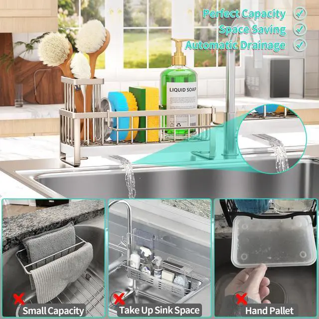 Alt view image 7 of 7 - Sponge Holder for Kitchen Sink - Self-draining Sink Caddy with Brush Holder and Dishcloth Holder, Stainless Steel Kitchen Organizer for Countertop - Brushed Nickel