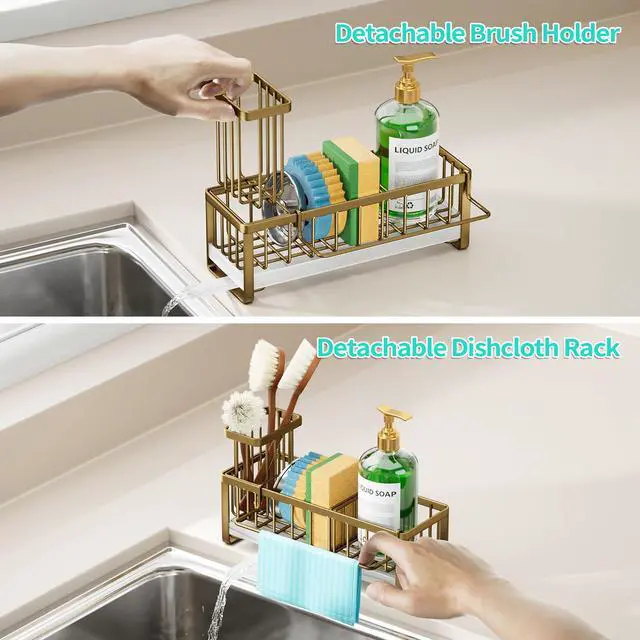 Alt view image 3 of 7 - Sponge Holder for Kitchen Sink - Self-draining Sink Caddy with Brush and Dishcloth Holders, Stainless Steel Kitchen Countertop Organizers and Storage Essentials - Dark Gold