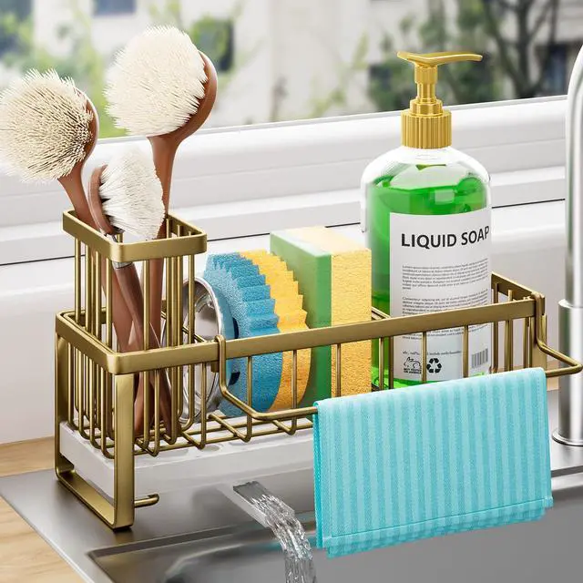 Main image of Sponge Holder for Kitchen Sink - Self-draining Sink Caddy with Brush and Dishcloth Holders, Stainless Steel Kitchen Countertop Organizers and Storage Essentials - Dark Gold