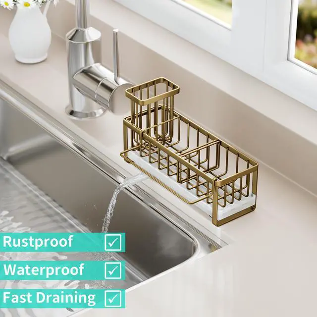 Alt view image 5 of 7 - Sponge Holder for Kitchen Sink - Self-draining Sink Caddy with Brush and Dishcloth Holders, Stainless Steel Kitchen Countertop Organizers and Storage Essentials - Dark Gold