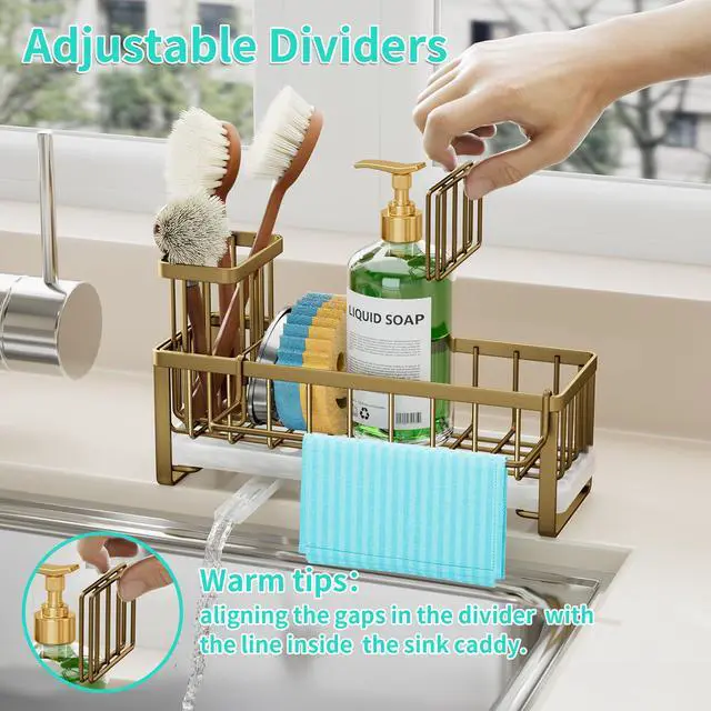 Alt view image 4 of 7 - Sponge Holder for Kitchen Sink - Self-draining Sink Caddy with Brush and Dishcloth Holders, Stainless Steel Kitchen Countertop Organizers and Storage Essentials - Dark Gold