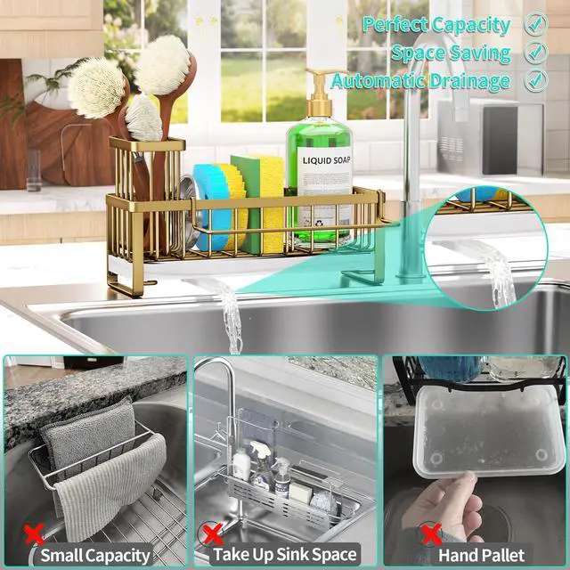 Alt view image 7 of 7 - Sponge Holder for Kitchen Sink - Self-draining Sink Caddy with Brush and Dishcloth Holders, Stainless Steel Kitchen Countertop Organizers and Storage Essentials - Dark Gold