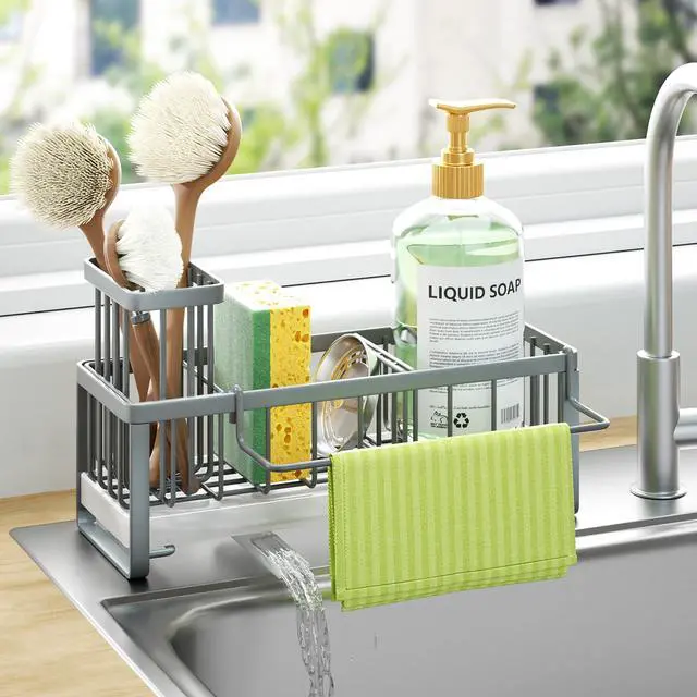 Main image of Sponge Holder for Kitchen Sink - Self-draining Sink Caddy with Brush and Dishcloth Holders, Stainless Steel Kitchen Organizer for Countertop - Grey