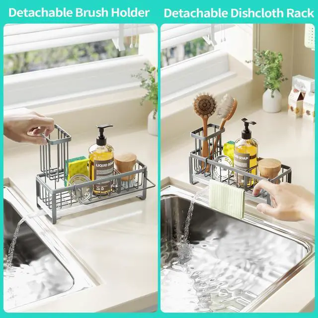 Alt view image 3 of 7 - Sponge Holder for Kitchen Sink - Self-draining Sink Caddy with Brush and Dishcloth Holders, Stainless Steel Kitchen Organizer for Countertop - Grey