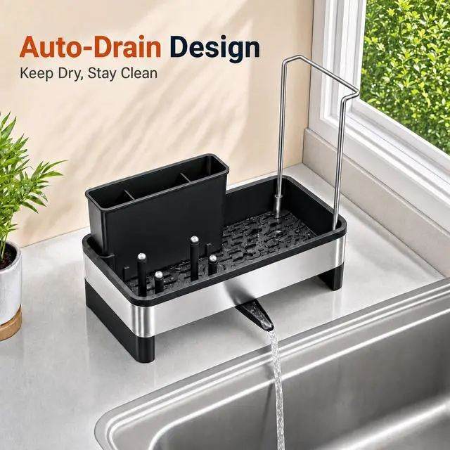 Alt view image 3 of 6 - Sponge Holder for Kitchen Sink, Rustproof Stainless Steel Sink Caddy with Auto-Drain, Removable Brush Holders, Soap and Dishcloth Organizer, Black