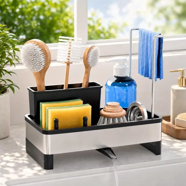 Main image of Sponge Holder for Kitchen Sink, Rustproof Stainless Steel Sink Caddy with Auto-Drain, Removable Brush Holders, Soap and Dishcloth Organizer, Black