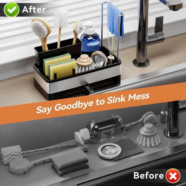 Alt view image 5 of 6 - Sponge Holder for Kitchen Sink, Rustproof Stainless Steel Sink Caddy with Auto-Drain, Removable Brush Holders, Soap and Dishcloth Organizer, Black