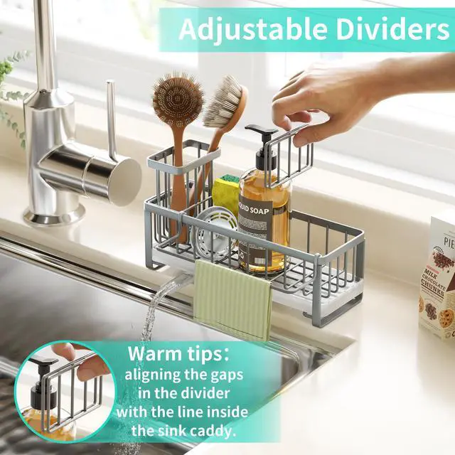 Alt view image 4 of 7 - Sponge Holder for Kitchen Sink - Self-draining Sink Caddy with Brush and Dishcloth Holders, Stainless Steel Kitchen Organizer for Countertop - Grey