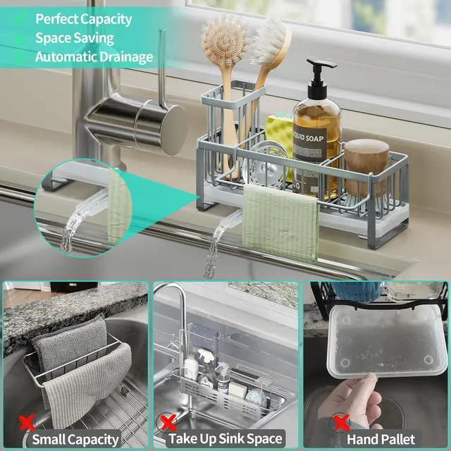 Alt view image 7 of 7 - Sponge Holder for Kitchen Sink - Self-draining Sink Caddy with Brush and Dishcloth Holders, Stainless Steel Kitchen Organizer for Countertop - Grey