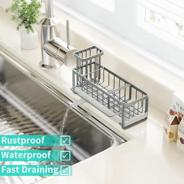 Alt view image 5 of 7 - Sponge Holder for Kitchen Sink - Self-draining Sink Caddy with Brush and Dishcloth Holders, Stainless Steel Kitchen Organizer for Countertop - Grey