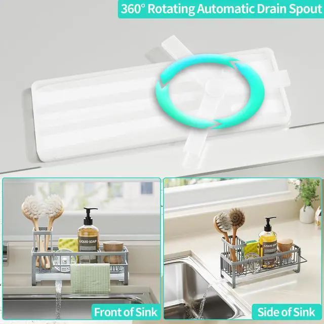 Alt view image 2 of 7 - Sponge Holder for Kitchen Sink - Self-draining Sink Caddy with Brush and Dishcloth Holders, Stainless Steel Kitchen Organizer for Countertop - Grey