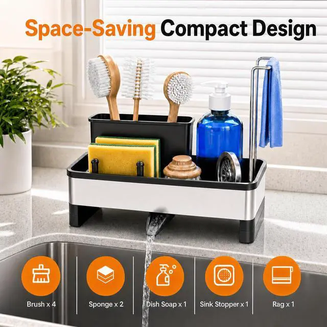 Alt view image 2 of 6 - Sponge Holder for Kitchen Sink, Rustproof Stainless Steel Sink Caddy with Auto-Drain, Removable Brush Holders, Soap and Dishcloth Organizer, Black