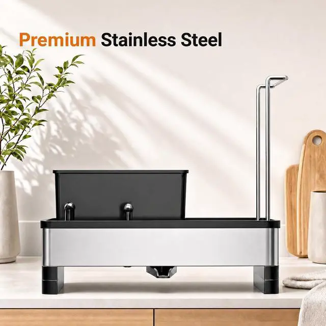 Alt view image 4 of 6 - Sponge Holder for Kitchen Sink, Rustproof Stainless Steel Sink Caddy with Auto-Drain, Removable Brush Holders, Soap and Dishcloth Organizer, Black