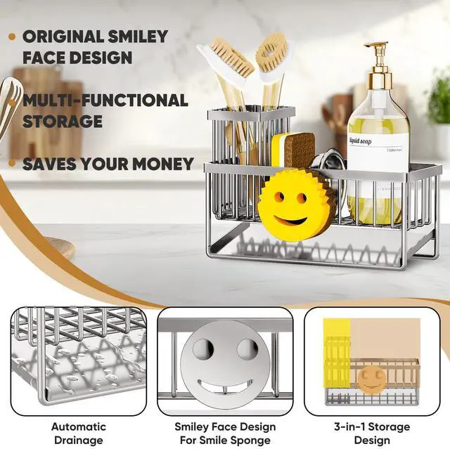 Alt view image 3 of 7 - Sponge Holder for Kitchen Sink,Smiley Face Sink Caddy with Removable Brush Holder,Self-Draining Sponge Caddy for Soap,Dish Brush,Scrubber,Kitchen Essentials and Gadgets-Silver