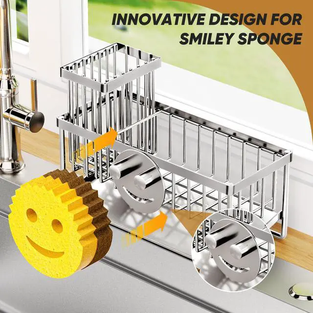 Alt view image 4 of 7 - Sponge Holder for Kitchen Sink,Smiley Face Sink Caddy with Removable Brush Holder,Self-Draining Sponge Caddy for Soap,Dish Brush,Scrubber,Kitchen Essentials and Gadgets-Silver