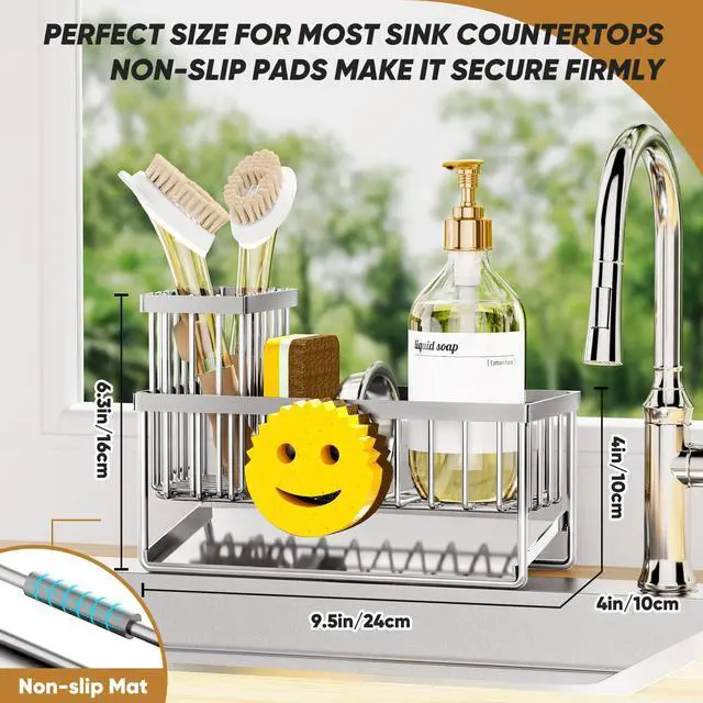 Alt view image 2 of 7 - Sponge Holder for Kitchen Sink,Smiley Face Sink Caddy with Removable Brush Holder,Self-Draining Sponge Caddy for Soap,Dish Brush,Scrubber,Kitchen Essentials and Gadgets-Silver