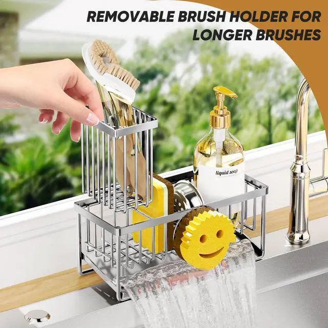 Alt view image 5 of 7 - Sponge Holder for Kitchen Sink,Smiley Face Sink Caddy with Removable Brush Holder,Self-Draining Sponge Caddy for Soap,Dish Brush,Scrubber,Kitchen Essentials and Gadgets-Silver