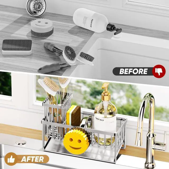 Alt view image 6 of 7 - Sponge Holder for Kitchen Sink,Smiley Face Sink Caddy with Removable Brush Holder,Self-Draining Sponge Caddy for Soap,Dish Brush,Scrubber,Kitchen Essentials and Gadgets-Silver