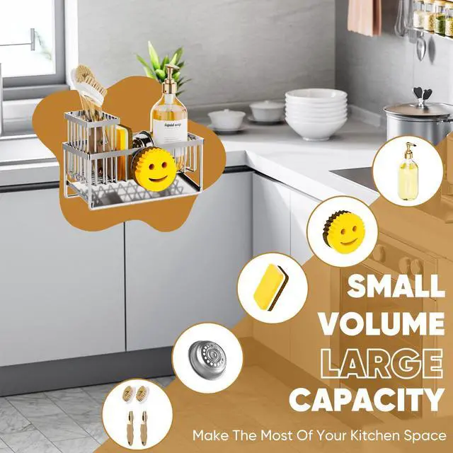 Alt view image 7 of 7 - Sponge Holder for Kitchen Sink,Smiley Face Sink Caddy with Removable Brush Holder,Self-Draining Sponge Caddy for Soap,Dish Brush,Scrubber,Kitchen Essentials and Gadgets-Silver