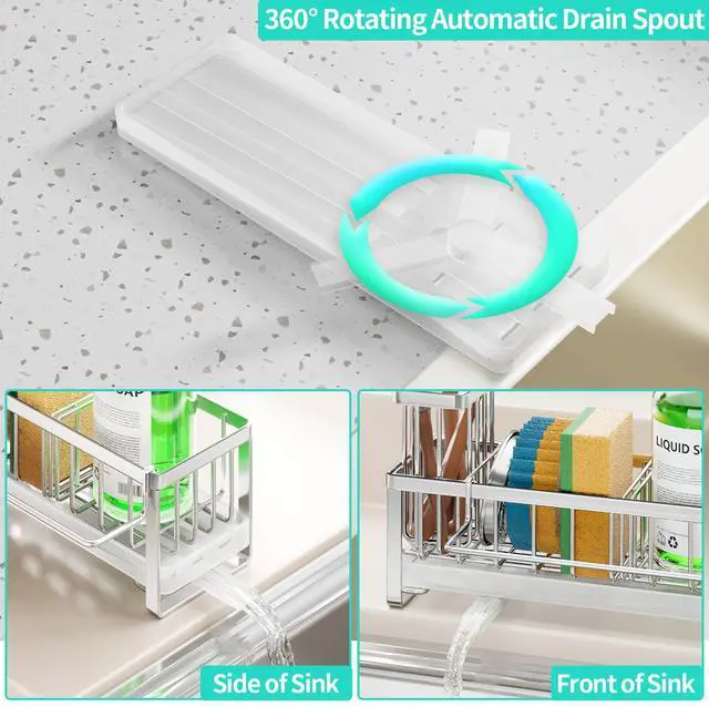 Alt view image 2 of 7 - Sponge Holder for Kitchen Sink - Self-draining Sink Caddy with Brush Holder and Dishcloth Holder, Stainless Steel Kitchen Organizer - Silver