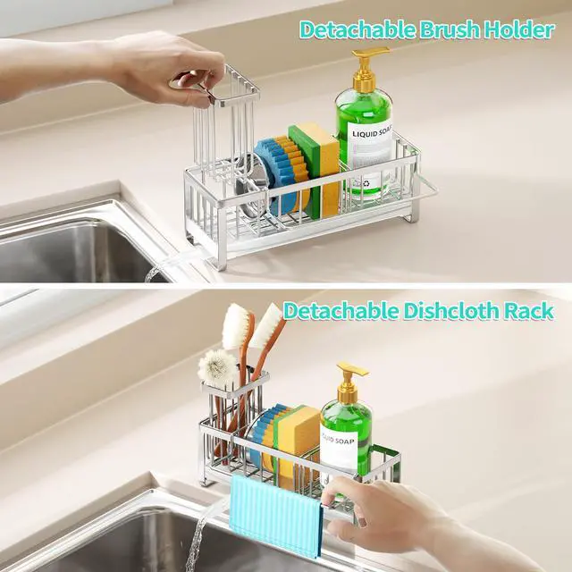 Alt view image 3 of 7 - Sponge Holder for Kitchen Sink - Self-draining Sink Caddy with Brush Holder and Dishcloth Holder, Stainless Steel Kitchen Organizer - Silver