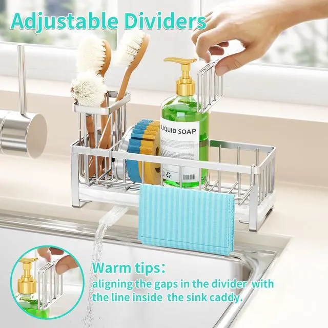 Alt view image 4 of 7 - Sponge Holder for Kitchen Sink - Self-draining Sink Caddy with Brush Holder and Dishcloth Holder, Stainless Steel Kitchen Organizer - Silver