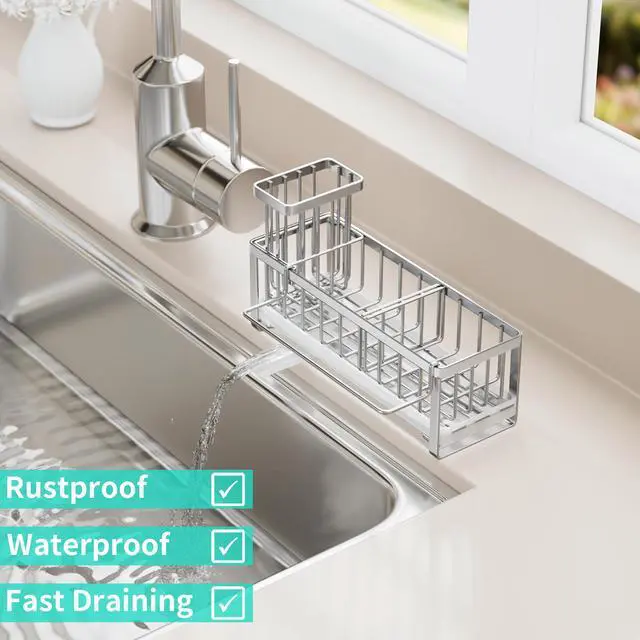 Alt view image 5 of 7 - Sponge Holder for Kitchen Sink - Self-draining Sink Caddy with Brush Holder and Dishcloth Holder, Stainless Steel Kitchen Organizer - Silver