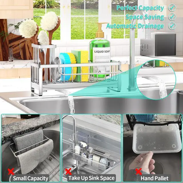 Alt view image 7 of 7 - Sponge Holder for Kitchen Sink - Self-draining Sink Caddy with Brush Holder and Dishcloth Holder, Stainless Steel Kitchen Organizer - Silver