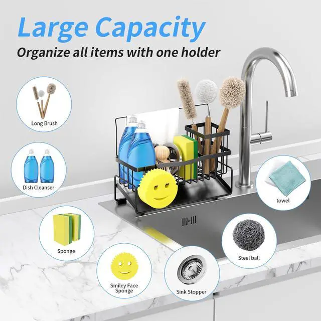 Alt view image 5 of 7 - Sponge Holder for Kitchen Sink 304 Stainless Steel Self-Draining Sink Caddy with Smiley Face Sponge and Brush Holder Towel Bar and Divider Kitchen Gadgets Organizer for Countertop, Black