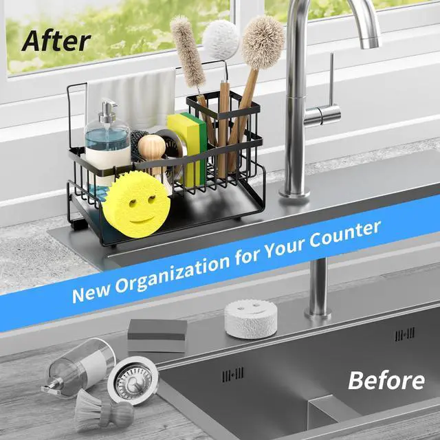 Alt view image 6 of 7 - Sponge Holder for Kitchen Sink 304 Stainless Steel Self-Draining Sink Caddy with Smiley Face Sponge and Brush Holder Towel Bar and Divider Kitchen Gadgets Organizer for Countertop, Black