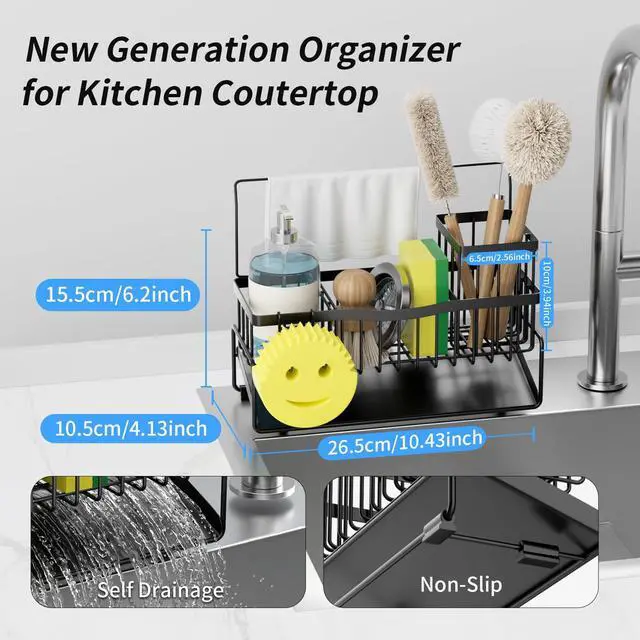 Alt view image 3 of 7 - Sponge Holder for Kitchen Sink 304 Stainless Steel Self-Draining Sink Caddy with Smiley Face Sponge and Brush Holder Towel Bar and Divider Kitchen Gadgets Organizer for Countertop, Black