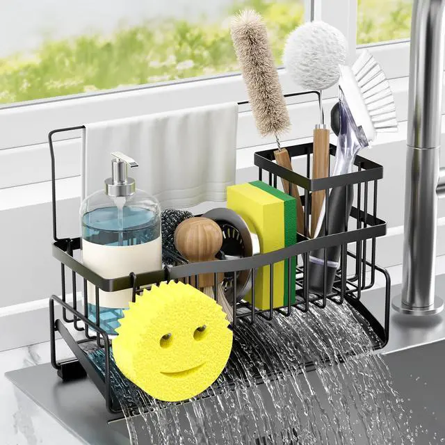 Main image of Sponge Holder for Kitchen Sink 304 Stainless Steel Self-Draining Sink Caddy with Smiley Face Sponge and Brush Holder Towel Bar and Divider Kitchen Gadgets Organizer for Countertop, Black