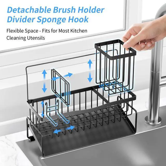 Alt view image 4 of 7 - Sponge Holder for Kitchen Sink 304 Stainless Steel Self-Draining Sink Caddy with Smiley Face Sponge and Brush Holder Towel Bar and Divider Kitchen Gadgets Organizer for Countertop, Black