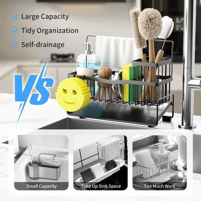 Alt view image 2 of 7 - Sponge Holder for Kitchen Sink 304 Stainless Steel Self-Draining Sink Caddy with Smiley Face Sponge and Brush Holder Towel Bar and Divider Kitchen Gadgets Organizer for Countertop, Black