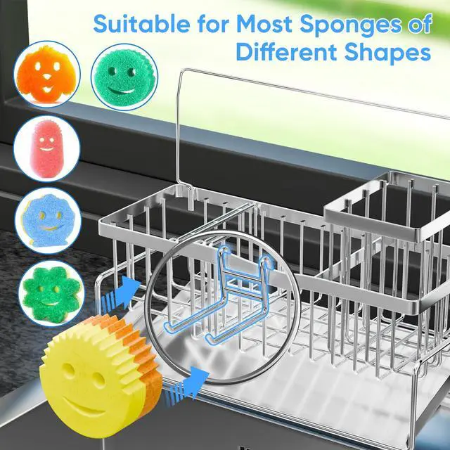 Alt view image 7 of 7 - Sponge Holder for Kitchen Sink 304 Stainless Steel Self-Draining Sink Caddy with Smiley Face Sponge and Brush Holder Towel Bar and Divider Kitchen Gadgets Organizer for Countertop, Black