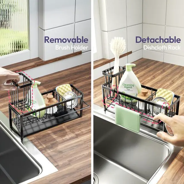 Alt view image 3 of 7 - Sponge Holder for Kitchen Sink - Sink Caddy with Brush Holder and Stainless Steel Self Drain Tray, Sponge Caddy Organizer with Divider Kitchen Accessories Storage for Countertop, Black