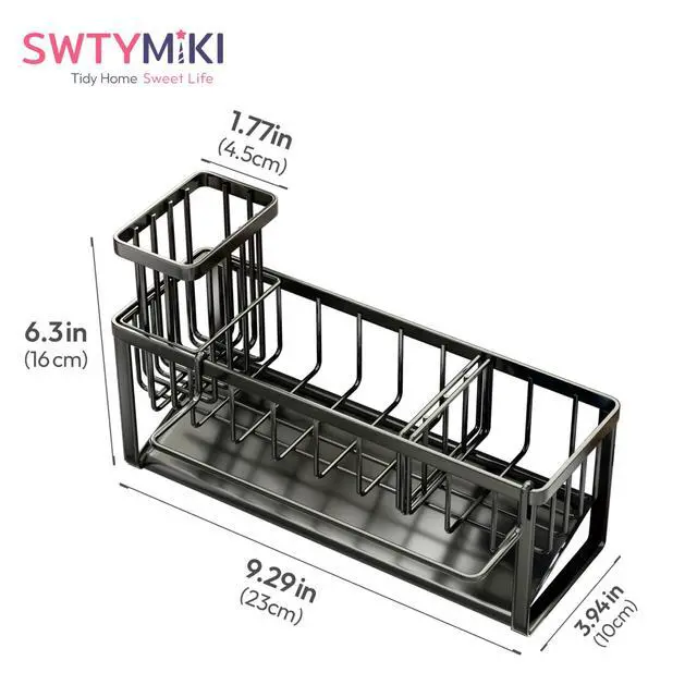 Alt view image 7 of 7 - Sponge Holder for Kitchen Sink - Sink Caddy with Brush Holder and Stainless Steel Self Drain Tray, Sponge Caddy Organizer with Divider Kitchen Accessories Storage for Countertop, Black