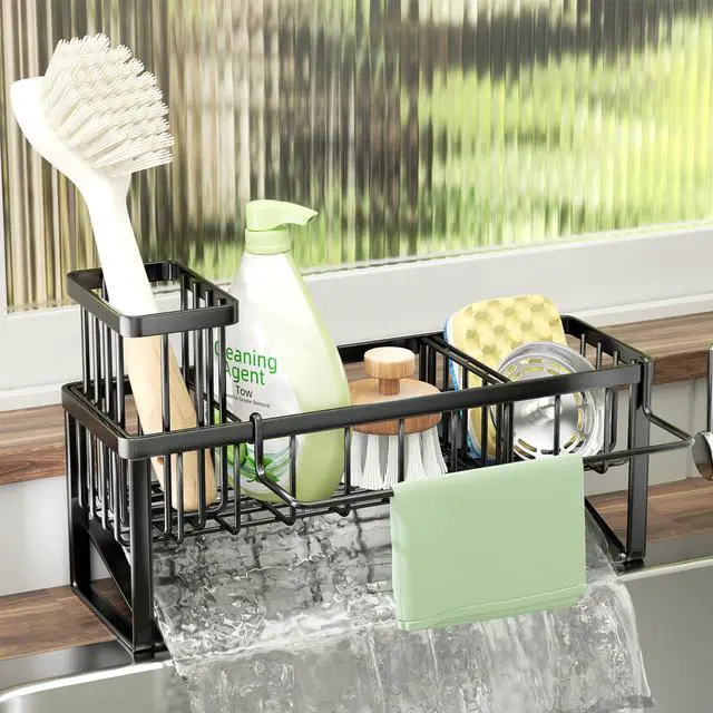 Main image of Sponge Holder for Kitchen Sink - Sink Caddy with Brush Holder and Stainless Steel Self Drain Tray, Sponge Caddy Organizer with Divider Kitchen Accessories Storage for Countertop, Black