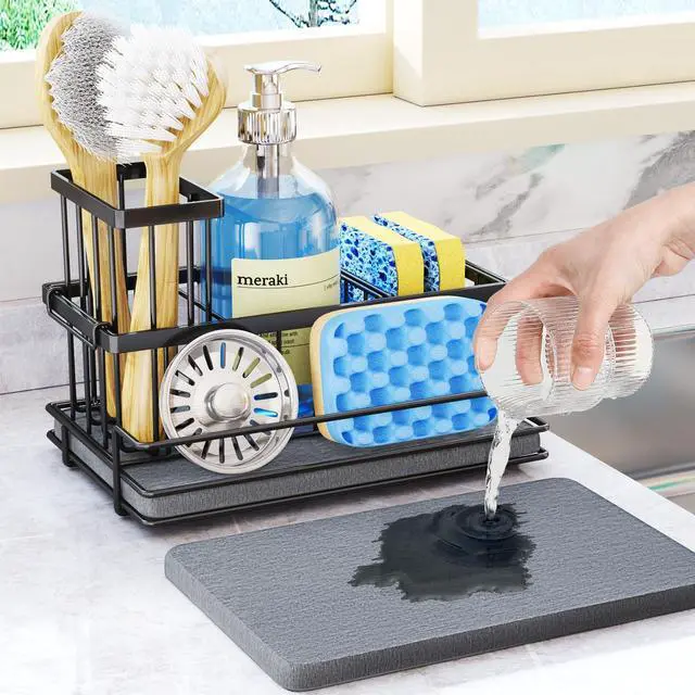 Main image of Sink Caddy Sponge Holder - Kitchen Sink Organizer with Instant Drying Stone and Brush Holder, Stainless Steel Bathroom Counter Organizer - Black